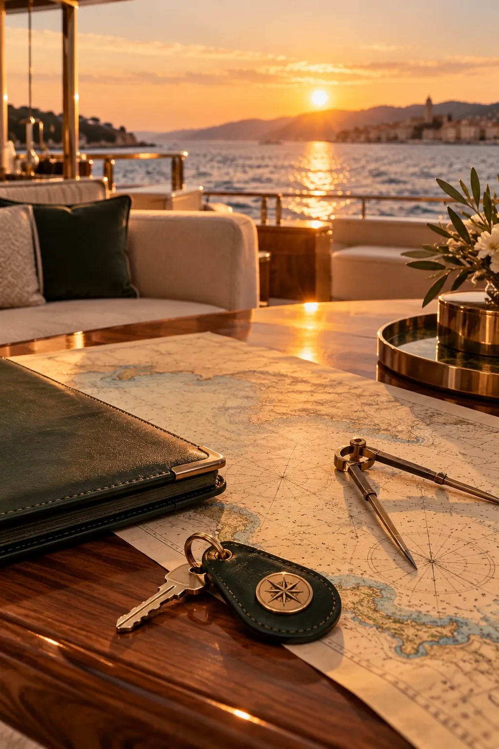 Seekarte des Golfs von Saint-Tropez, Stechzirkel, Ledermappe und Yachtschlüssel auf einem Nussbaumtisch