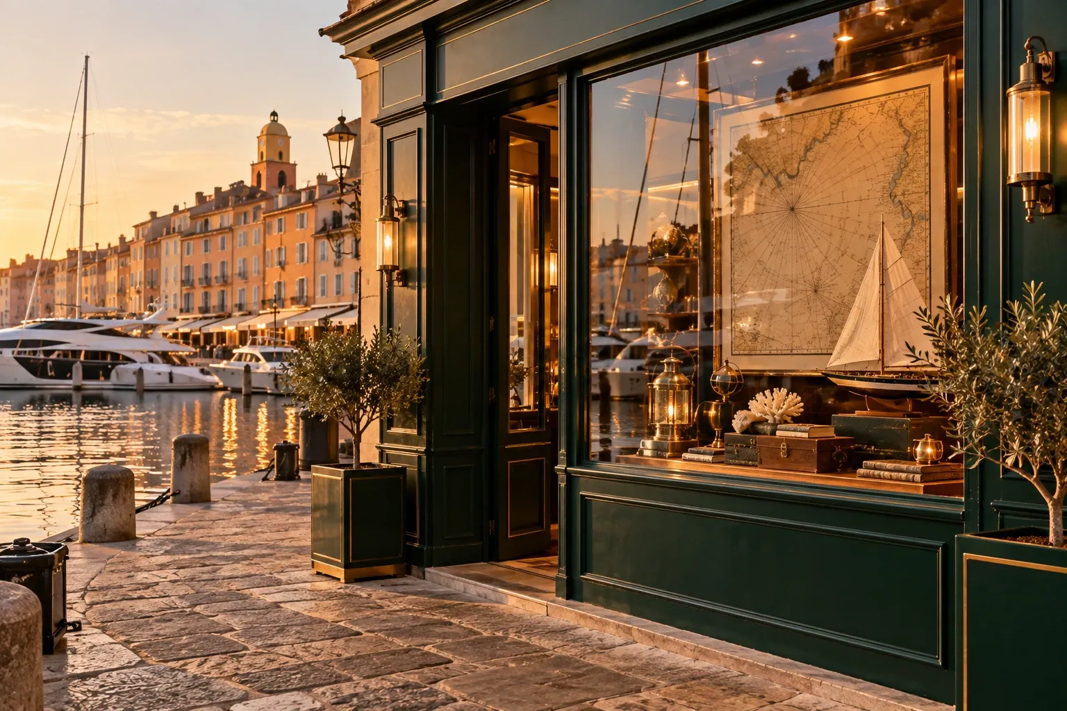 Die flaschengrüne Fassade des Portolan-Büros am alten Hafen von Saint-Tropez bei Sonnenuntergang