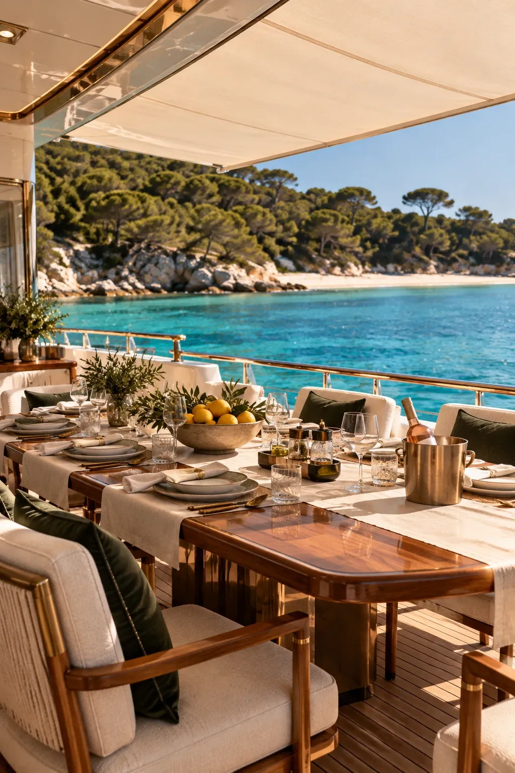 Der Mittagstisch an Deck einer Yacht, vor Anker in einer türkisfarbenen Bucht von Porquerolles