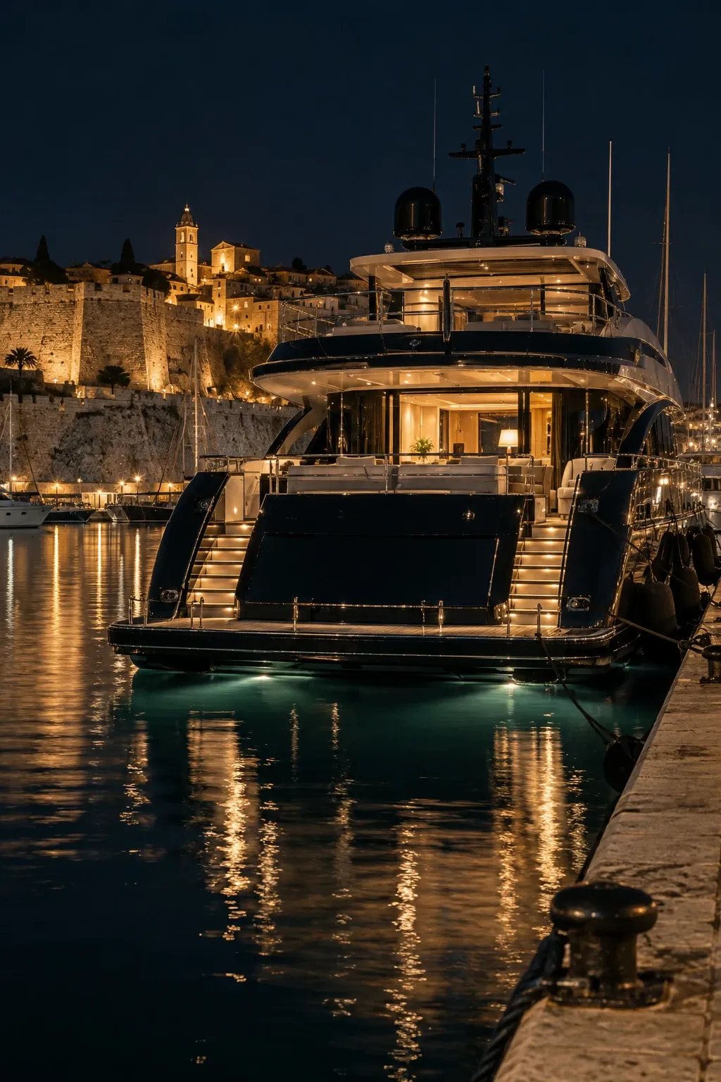 Eine Yacht mit nachtblauem Rumpf, allein am Kai bei Nacht im Hafen von Antibes
