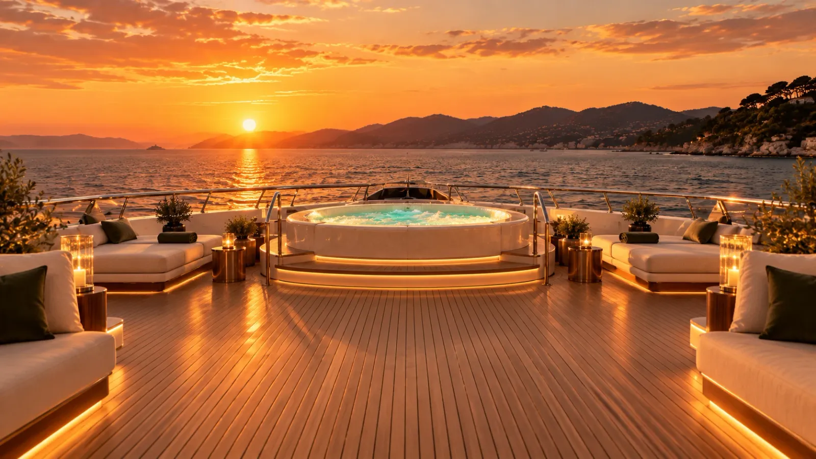 Il ponte superiore di Camarat e la sua jacuzzi al tramonto