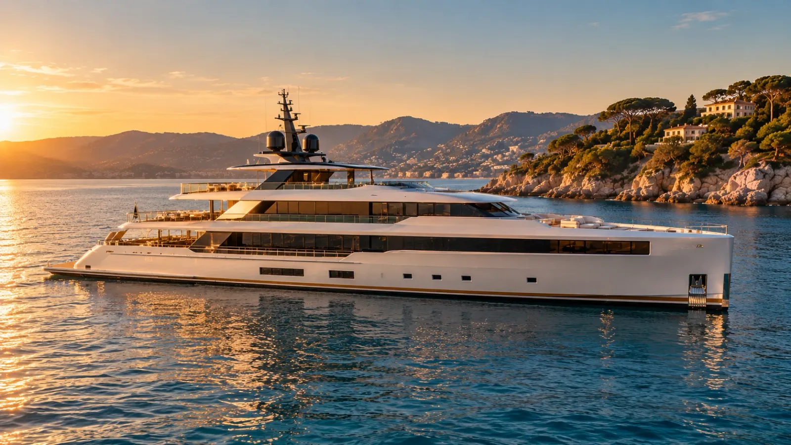 Die Yacht Camarat vor Anker bei Sonnenuntergang, vor den Hügeln der Halbinsel