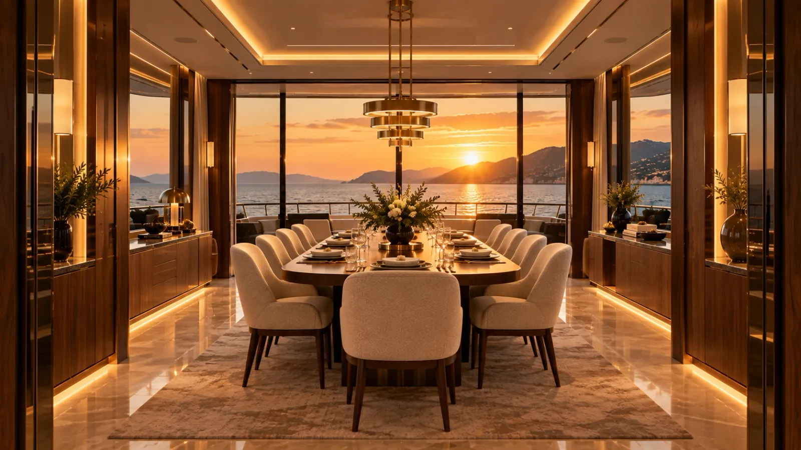 La sala da pranzo di Camarat, dieci coperti di fronte al tramonto