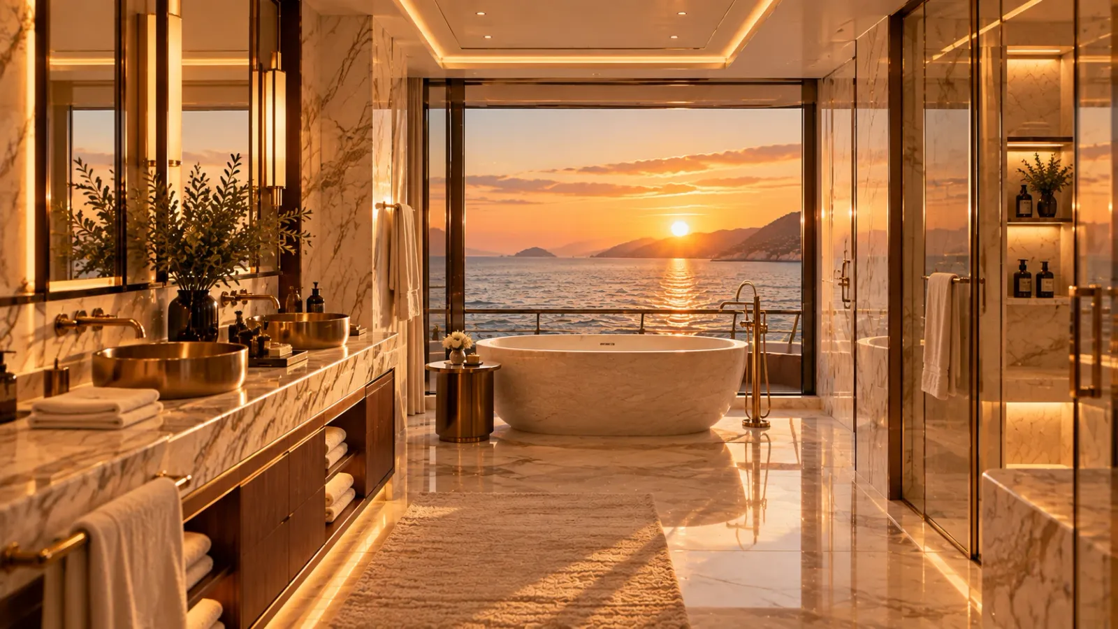 Il bagno della suite, con vasca di fronte al mare