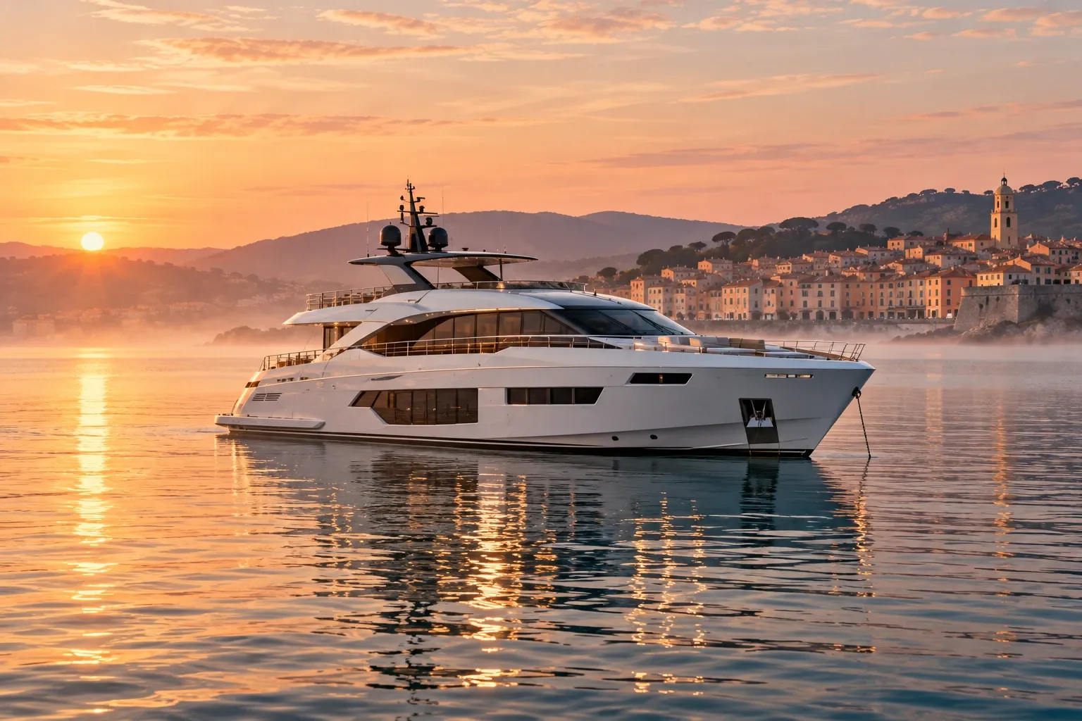 Die Yacht Alizé vor Anker vor dem Dorf Saint-Tropez bei Sonnenaufgang