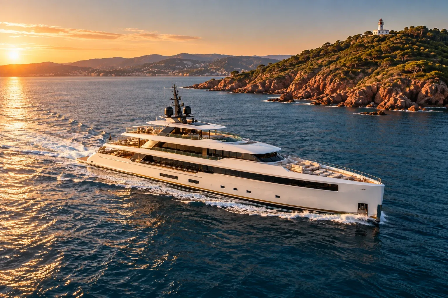 Die Yacht Camarat in Fahrt bei Sonnenuntergang, vor dem Kap und dem Leuchtturm von Camarat, bei Saint-Tropez