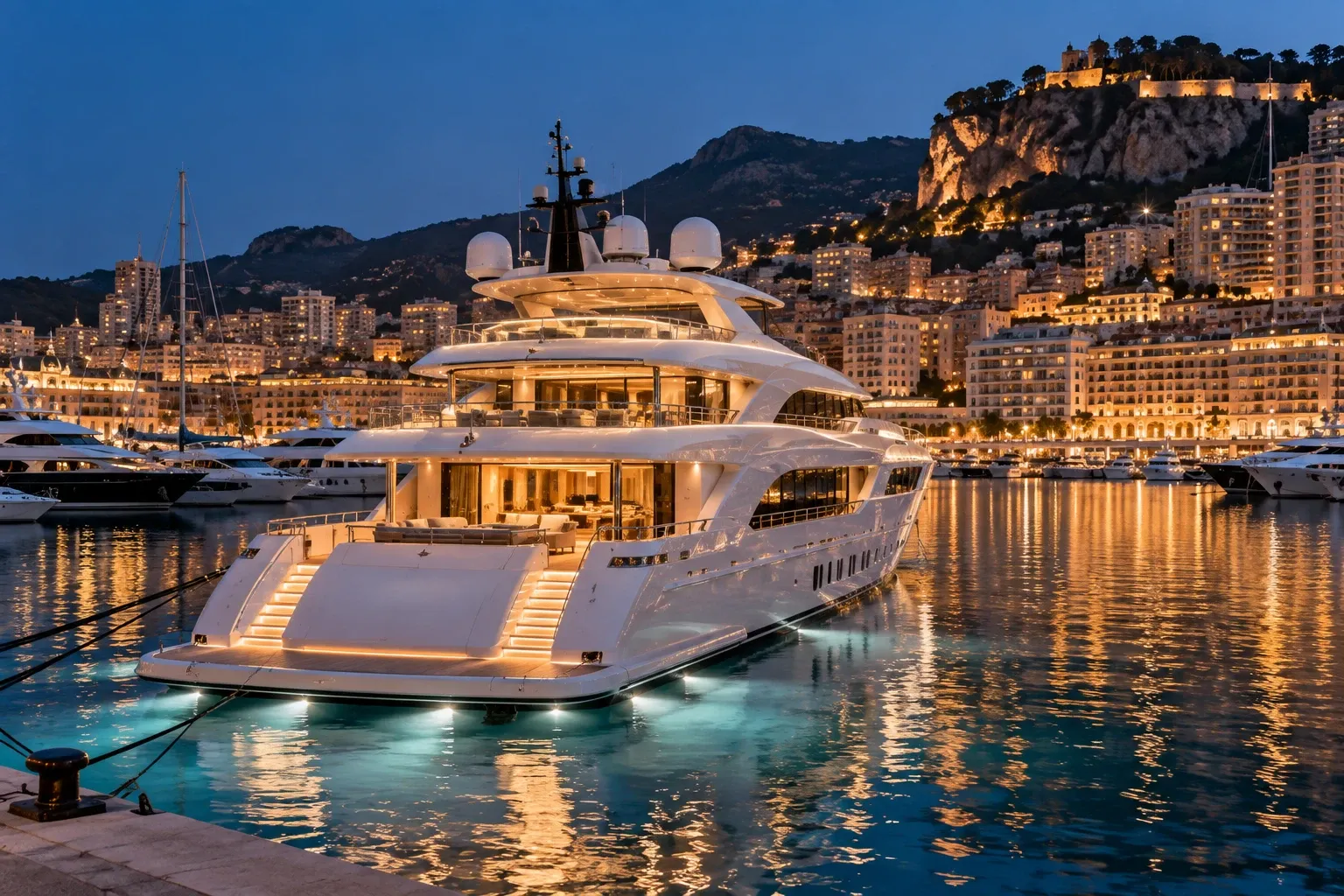 Die Yacht Mistral Blanc am Kai in Port Hercule, Monaco, zur blauen Stunde beleuchtet