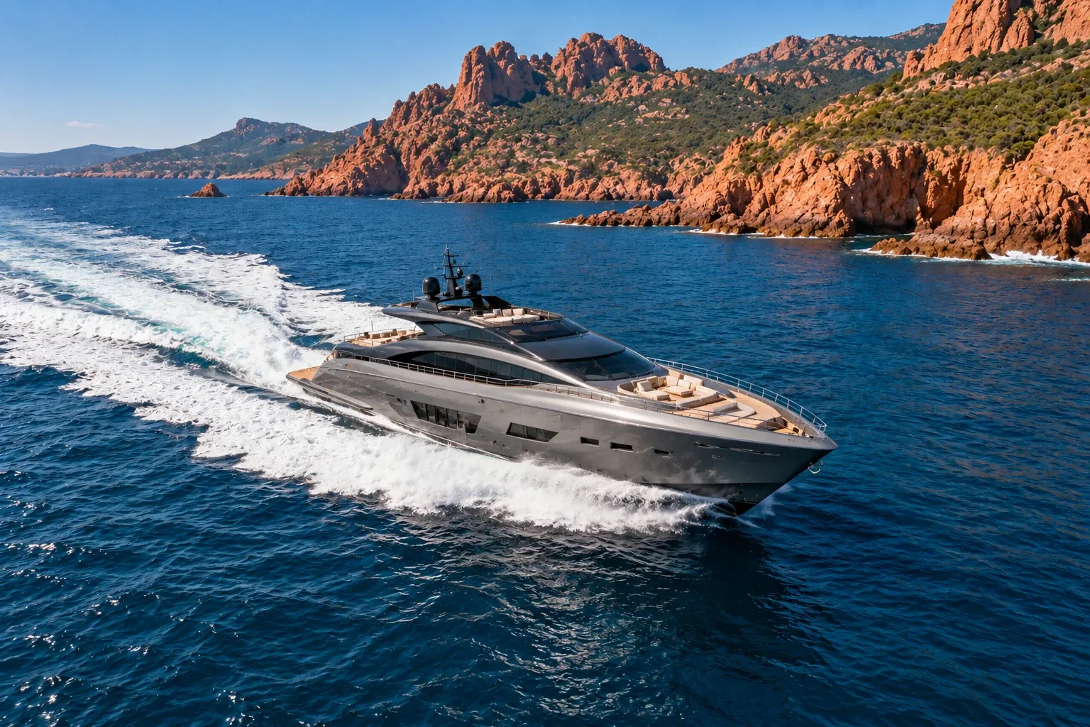 Die Yacht Tramontane in voller Fahrt entlang der roten Felsen des Esterel