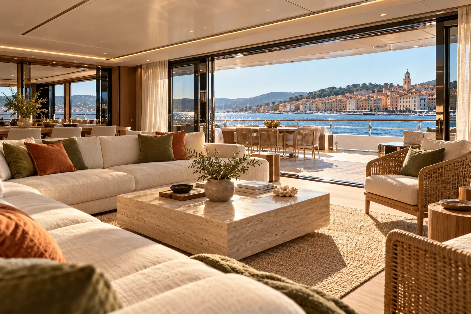Der Salon der Alizé: gekalkte Eiche, Travertin, Rattan und Kissen in Oliv und Terrakotta