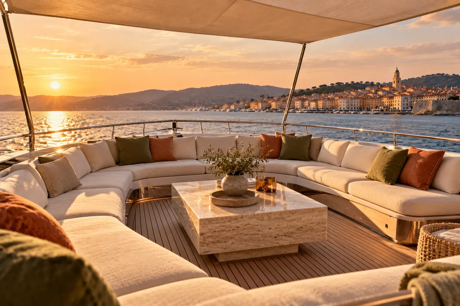 Die Vorschiffsterrasse der Alizé bei Sonnenuntergang, mit Blick auf Saint-Tropez