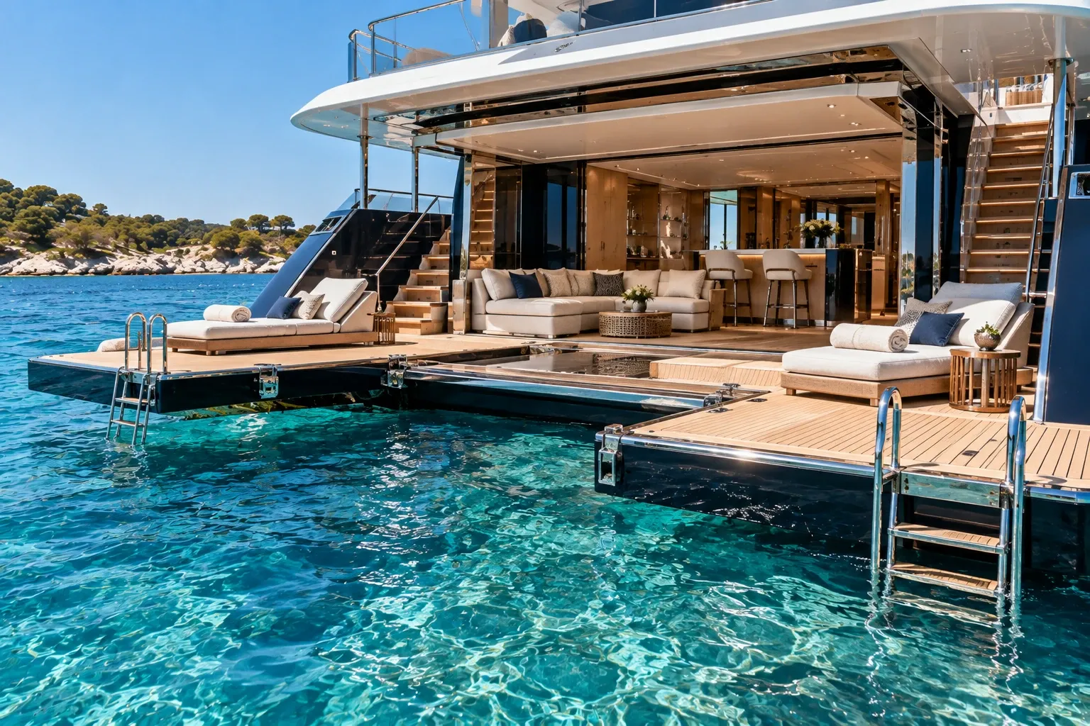 Der Beach Club der Castellane, zum Meer hin geöffnet, Plattformen vor Anker ausgeklappt