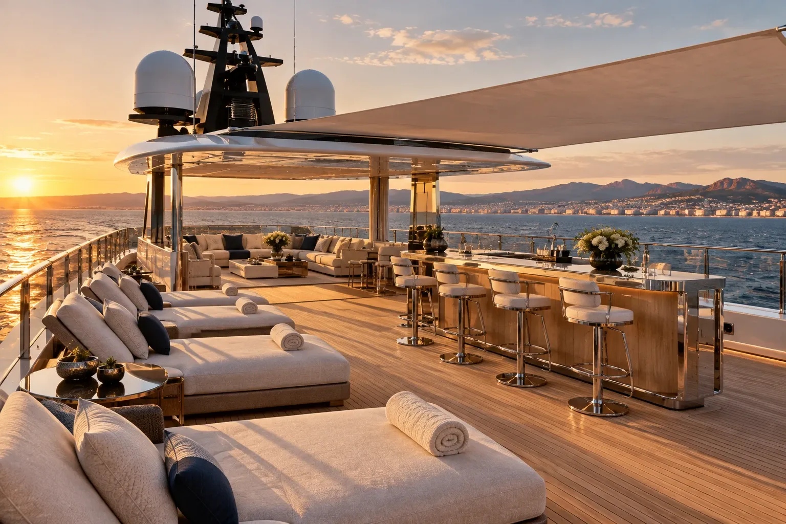 Das Sonnendeck der Castellane bei Sonnenuntergang, mit Blick auf Cannes und das Esterel