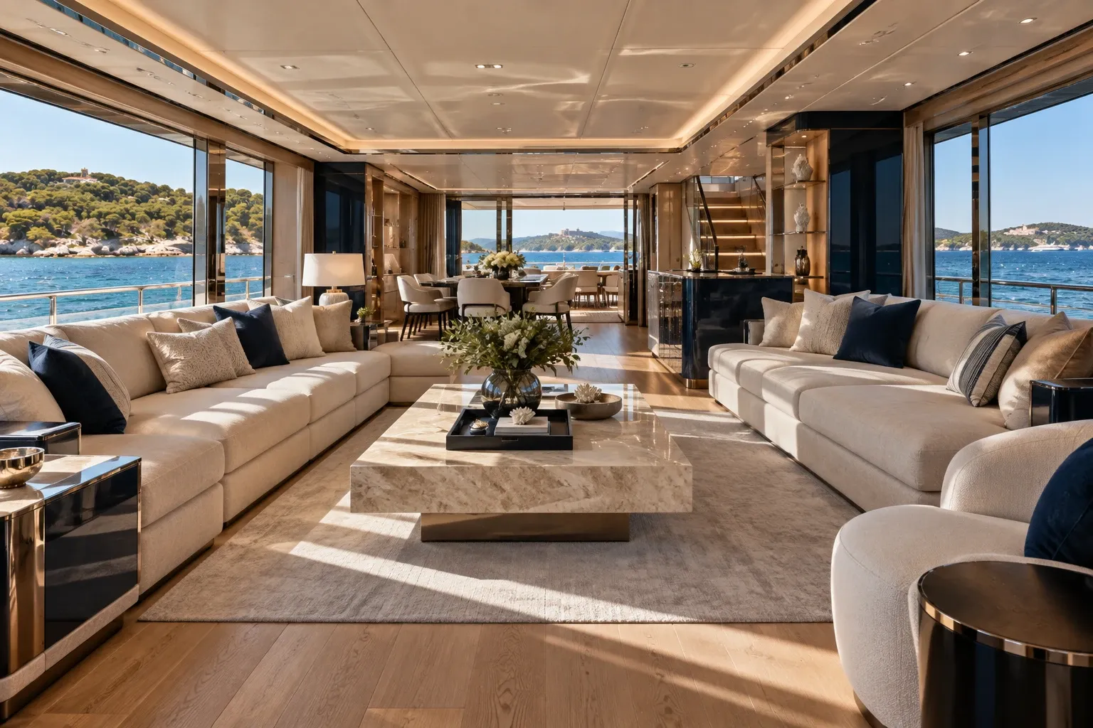 Der Salon der Castellane: helle Eiche, sandfarbenes Leinen und marineblauer Lack, mit Blick auf die Lérins-Inseln