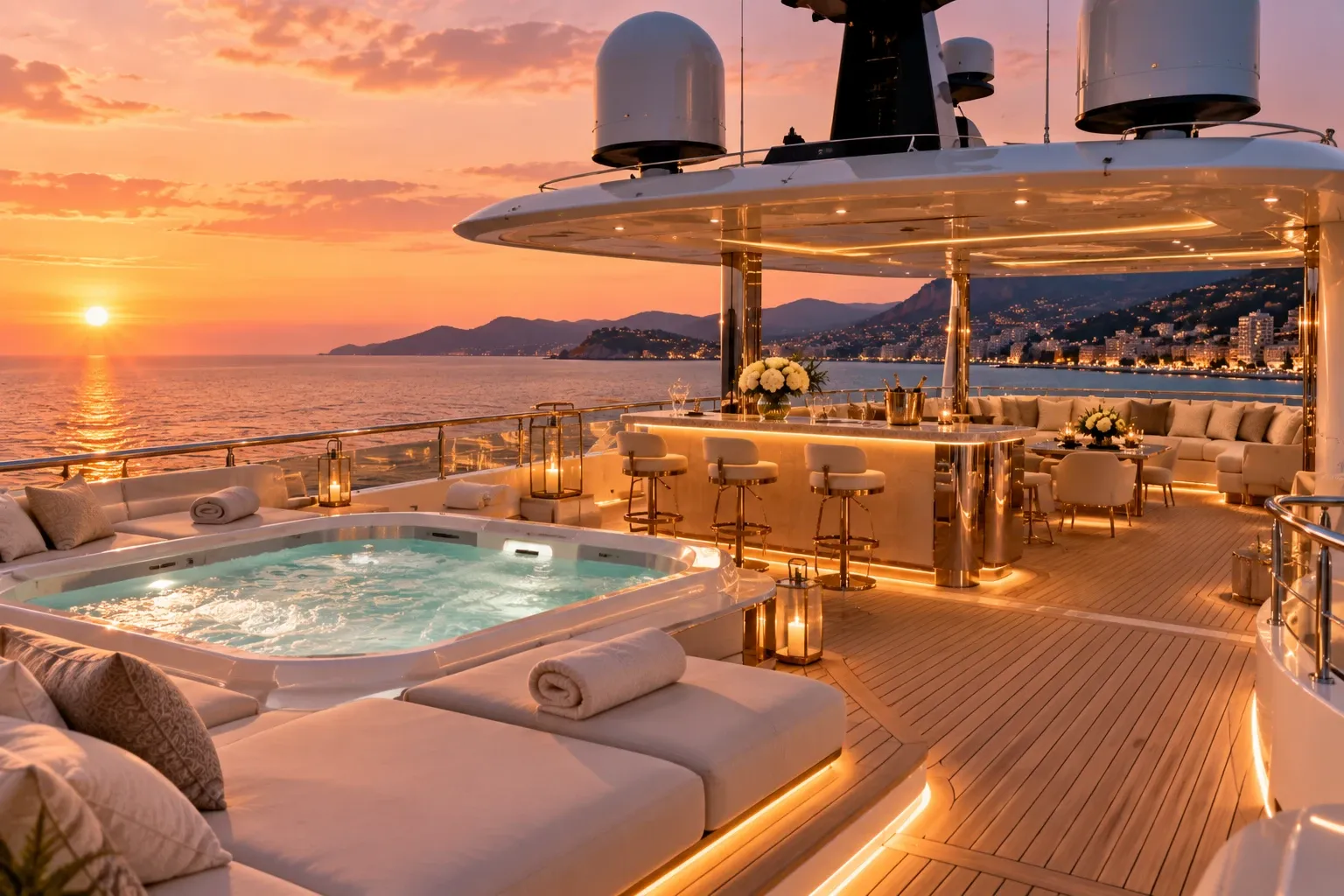 La jacuzzi e il bar del sun deck al tramonto, lungo la costa verso Cap Martin