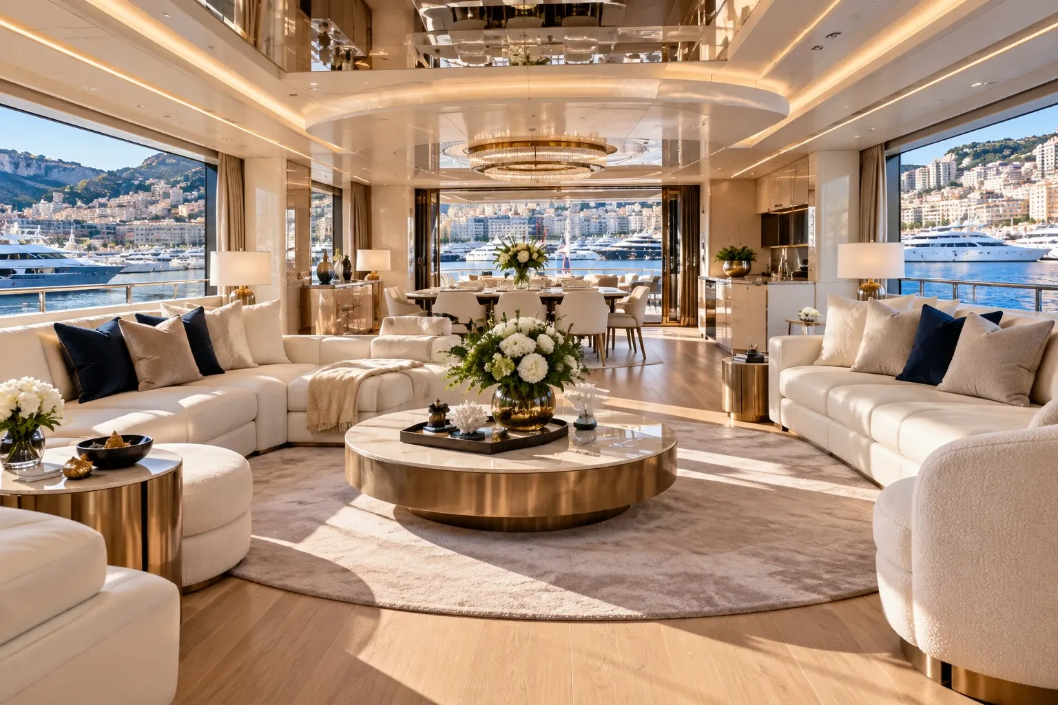 Il grande salone di Mistral Blanc: lacca bianca, pelle avorio e oro pallido, di fronte al porto di Monaco