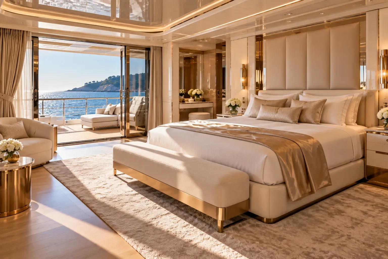 La suite armatoriale, aperta sulla sua terrazza privata e sul mare