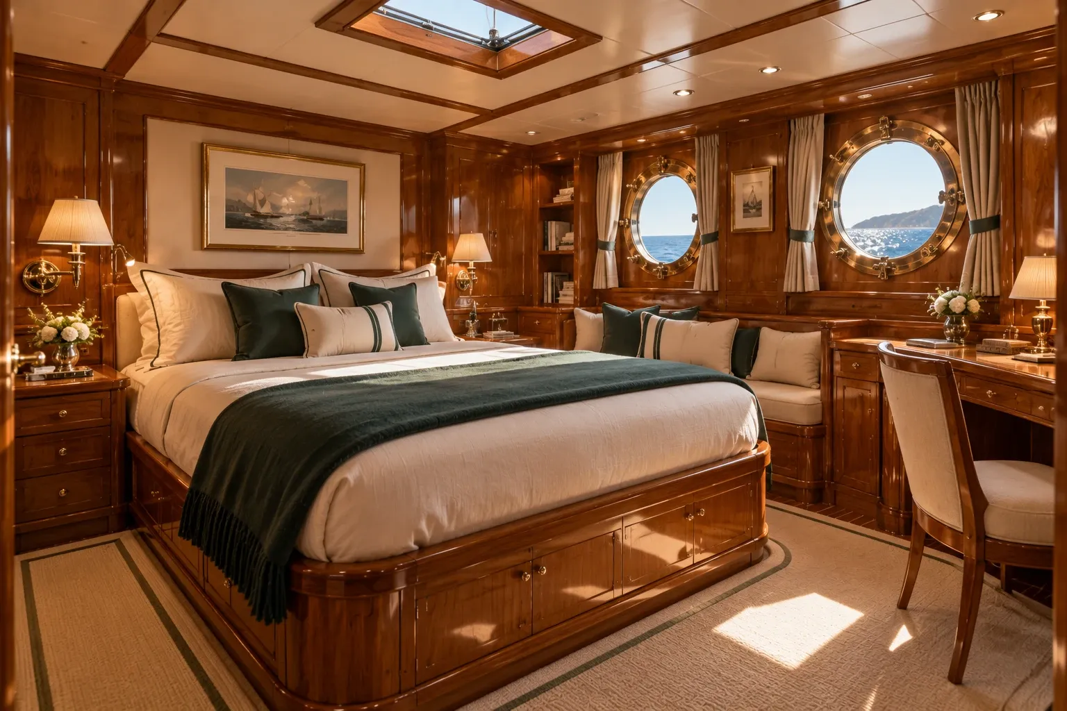 La cabina armatoriale, rivestita in teak, aperta sul mare da due oblò