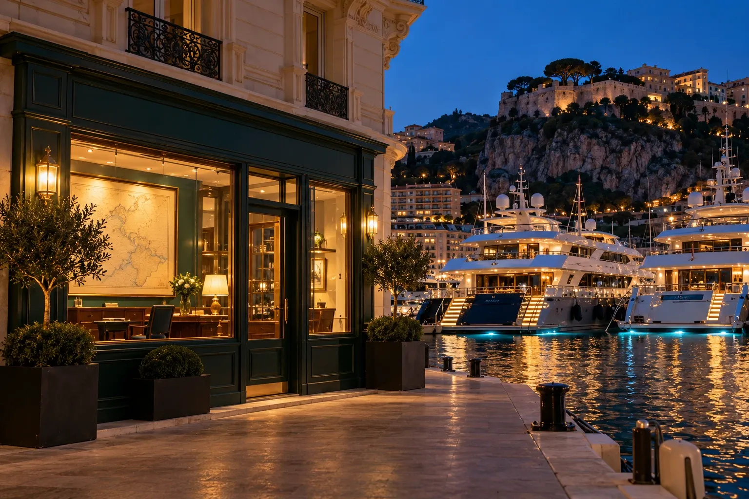 Die flaschengrüne Fassade des Portolan-Büros gegenüber Port Hercule, Monaco, zur blauen Stunde